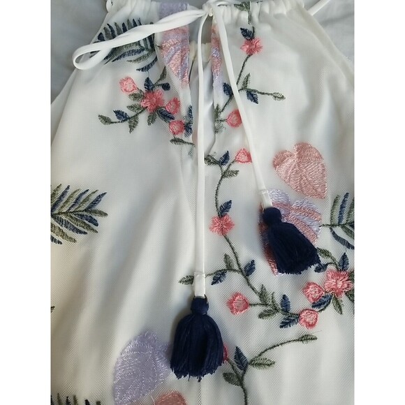 Blue Rain M Boho Sleeveless Top Embroidered Floral Fern Lined Tassels Wms Medium - Picture 9 of 14